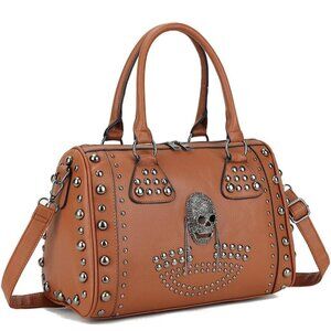 Women's Skull Handbag Large Gothic Shoulder Bag Studded Doctor Bag Brown